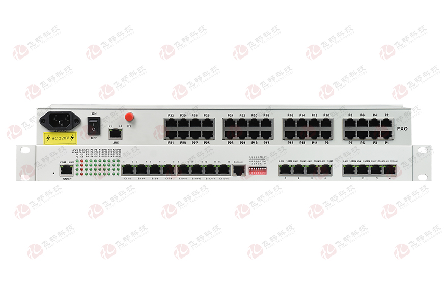 飛暢科技-32路電話+16E1+4FE+4GE+2路數(shù)據(jù)+SNMP+console（19英寸，物理隔離）電話光端機(jī)